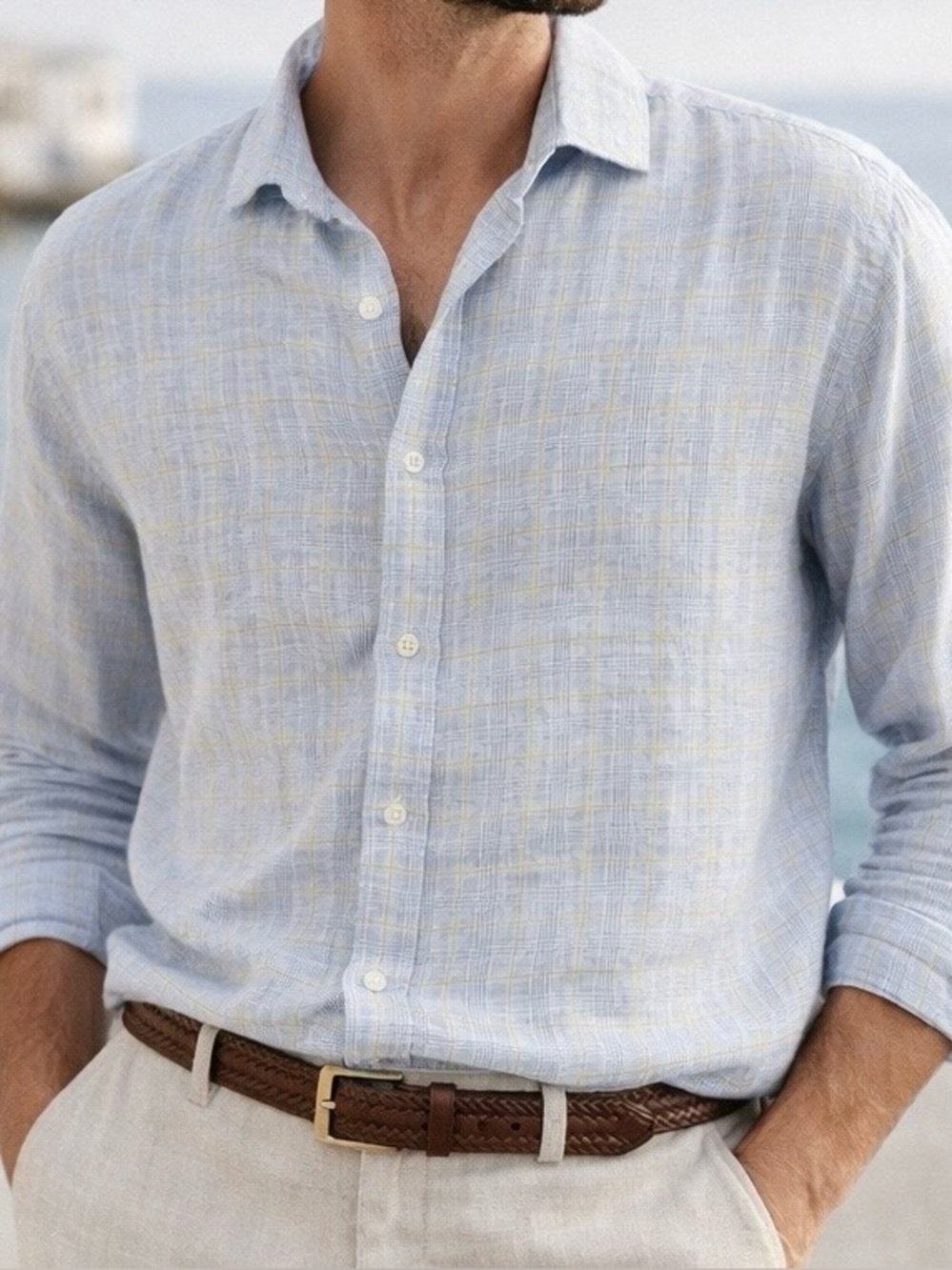 Lands’ End Baird McNutt Irish Linen Blue Plaid Shirt L Coastal Summer